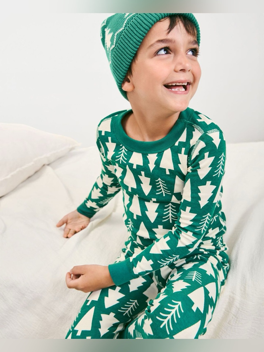 Hanna Andersson Green and Cream Tree-Print Kids Pajama Set Size 10